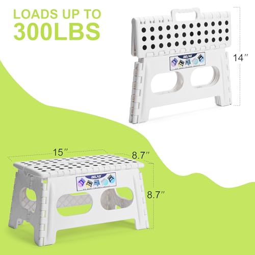 Image of Delxo 9 Inch Folding Step Stool for Kids and Adults,15-Inch Extra Wide Height Large Platform Heavy Duty Stepping Stool More Safe and Comfortable Non Slip Foldable Step Stool White