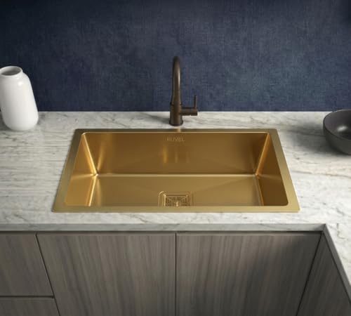Image of RUVEL Kitchen Sink 24 inchx18 inchx9 inch | Premium Handmade 304 Grade Stainless Steel Single Bowl | Heavy Duty, Rust & Scratch Resistant | Includes Waste Coupling, Drain Rack & Hose Pipes | Gold - Matt Finish