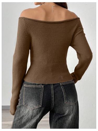 Image of GORGLITTER Women's Off The Shoulder Rib Knit Crop Sweater Raglan Sleeve Slim Pullover Tops Chocolate Brown Large