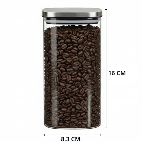 Image of ginoya brothers Airtight Borosilicate Glass Square Jar With Wooden Or Steel Lid Multi-Size, Container for Spices, Coffee, Grains, Snacks & Kitchen Organization (2, STEEL LID, 790 ML)