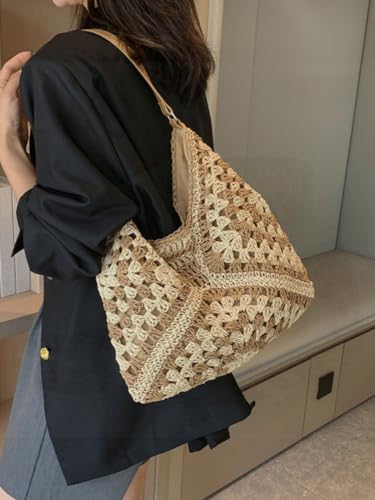 Image of Straw Hobo Bag for Women 2025 Boho Woven Beach Purse Large Summer Straw Tote with Lining Black Raffia Shoulder Bag for Vacation Travel & Daily Use (Khaki 1)