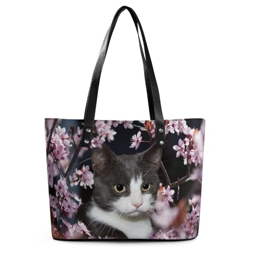 Sac fourre-tout en cuir synthétique, sac à main motif chat digne des fleurs pour femme, Chat digne des fleurs