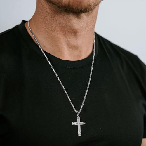 Image of HZMAN Philippians 4:13 Cross Pendant STRENGTH Bible Verse Stainless Steel Necklace 3 Colors Available