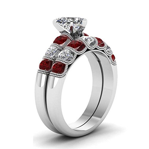 loversring Wedding Ring Sets Bridal Set 2 in 1 White Gold Plated Red Ruby Cubic Zirconia and Crystal Eternity Ring Anniversary Wedding Engagement Ring