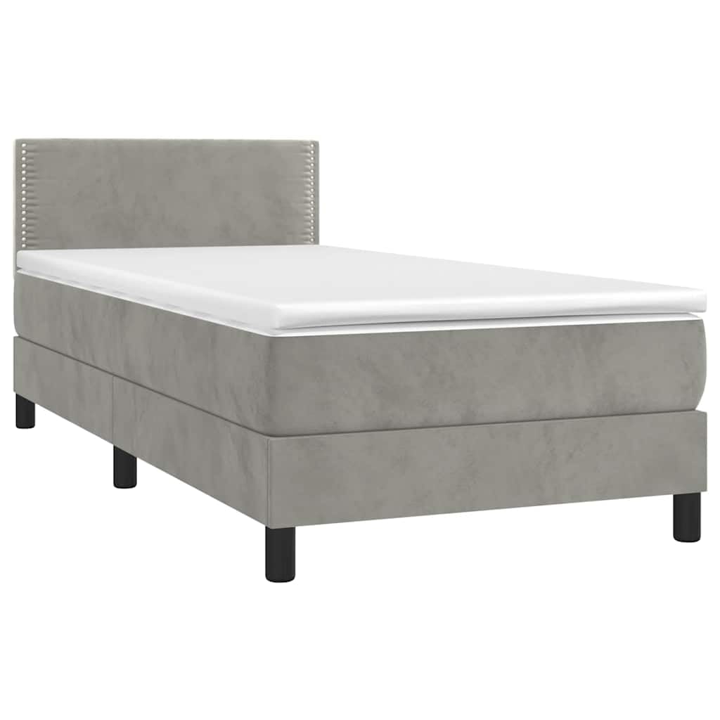 Cama con somier de 90 x 190 cm en gris claro con LED y colchón de muelles ensacados, aspecto de terciopelo ajustable, resistente y moderno, para habitaciones individuales juveniles y de