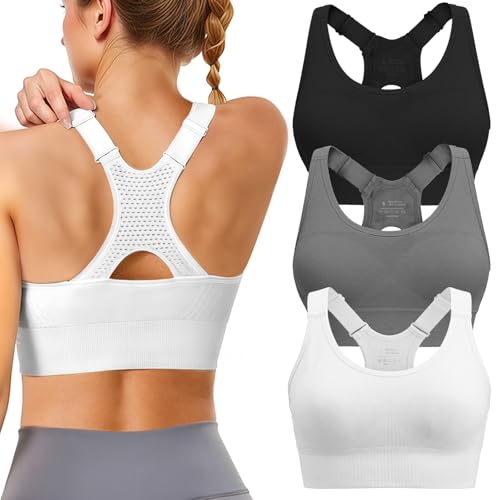 Sports Bras for Women High Support: Adjustable Strap 3 Pack High Impact Plus Size Supportive Padded Racerback Push up Sport Bra Multipack with Sewn in Pads for Large Bust Workout Running Gym Yoga