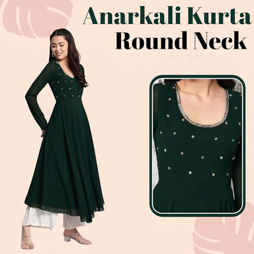 Image of PH POSHAKHUB Georgette Regular Fit Hand Embroidery Anarkali Kurta Set for Women, Yoke Anarkali Kurta for Woman, Ankle Length Anarkali Suit for Women, Full Sleeve Kurti, Dress for Woman