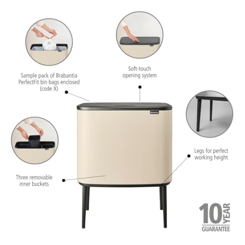 Image of Brabantia Bo Touch Top Kitchen Trash Can with Three Compartments & Raised Legs | Soft Beige | 3 x 3 Gal Inner Buckets | Soft-Close Garbage Can, Stay-Open Lid | Fits Against Wall | + Trash Bags