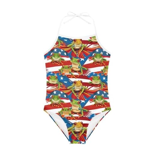 KiuLoam Maiô floral tropical azul marinho peça única para meninas de 3 a 8 anos, Bandeira americana de sapo fofo, 7-8 Anos