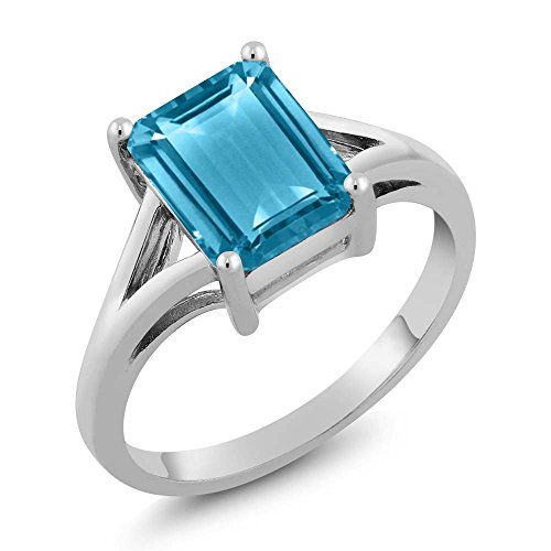 Gem Stone King 925 Sterling Silver Swiss Blue Topaz Engagement Ring For Women (3.20 Cttw, Emerald Cut 9X7MM, Gemstone Birthstone, Available In Size 5,6,7,8,9)