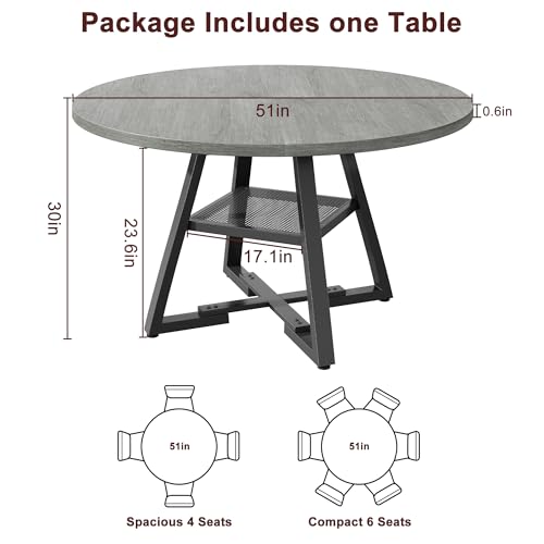Jocoevol 51" Round Dining Table for 6,Kitchen Dining Room Circle Dinner Pedestal Table,Space Saving Wood Kitchen & Dining Room Furniture (Grey, 51In) - Image 2