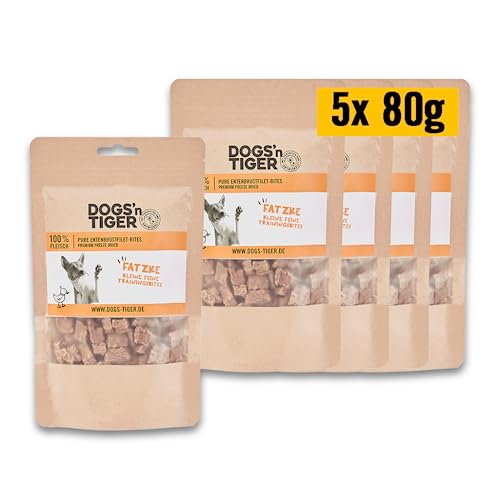 Dogs'n Tiger Adult Hundesnacks, Fatzke Trainingsleckerli aus 99% Fleisch – artgerechte Hundeleckerlis ohne Zucker, künstliche Aromen – gut verträglich (gefriergetrocknetes Entenbrustfilet, 5 x 80g