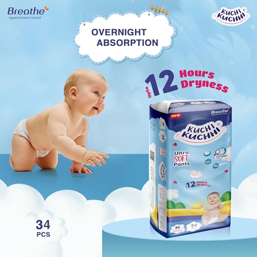 Image of Premium super soft baby diaper with a 3D bubble top and super absorbent core | Added active leak barriers and wetness indicators - M Size, 34 Count
