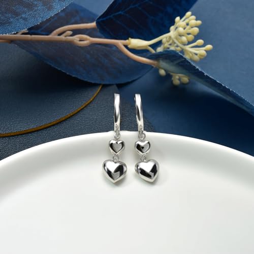 Heart Earrings for Women Girls-Sterling Silver Heart Dangle Hoop Earrings with Charm Love Huggie Hoop Earrings Hypoallergenic Delicate Jewelry Gifts for Women Girls Birthday3
