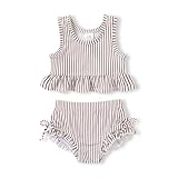 HAPPYMA Baby Swimsuit Toddler Girl Bathing Suit Summer Stripe Bikini Set Beach Two Piece Swim Wear (Brown, 3-4T)