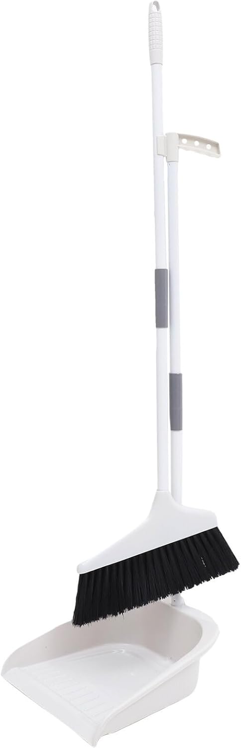 Broom and Dustpan Set Plastic Upright Standing Dust Pan with Long Handle Broomstick for Kitchen Lobby Office Living Room Household Indoor Outside White