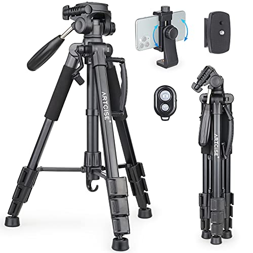 63” Camera Tripod, Lightweight Compact Travel Tripod with Panoramic Pan Head and Mobile Phone Holder Mount for DSLR Cameras Mobile Phones Canon Nikon Olympus Samsung Sony DV Video