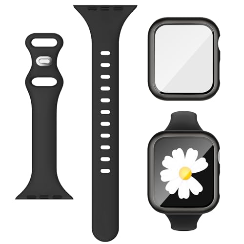 3-IN-1 for Thin Apple Watch Band 40mm with Case & Screen Protector, Slim Skinny Silicone Sport Strap and Cover with 9H Tempered Glass for iWatch Series SE SE2 9 8 7 6 5 4 for Women Black