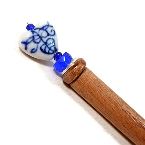 Delft Blue Heart Beaded Hair Stick Laying Tool Sewing Stiletto