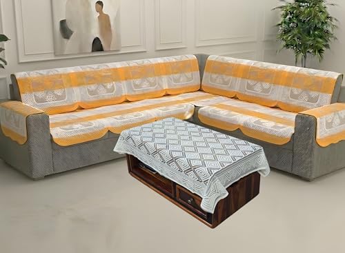 Image of Fab Nation Sofa Cover L Shape 6 Seater with Corner L Type Fully Covered Sofa Set for Living Room | Cotton Sofa Slipcovers for 3 + 3 Seaters Cover with 2 Arms + 1 Table Cover | Yellow