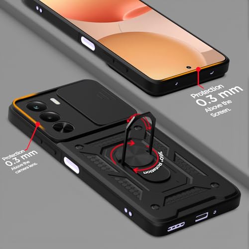 Image of Pikkme Back Cover for Realme P4x 5G | 360 Protection Case | Sliding Camera Shield Cover & Ring Holder Stand D10 Tough Armor Bumper Case (Black)
