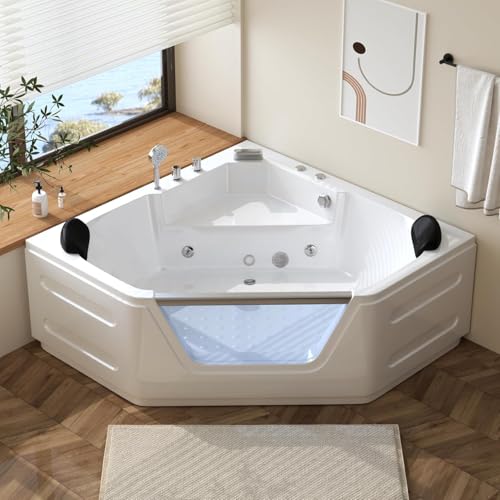 59'' x 59'' Corner Whirlpool Tub- Plastic Acrylic Bathtub with Light,Home Spa Hydromassage with Chromatherapy,Hydro Massage for 2 Person White, ETL Certified