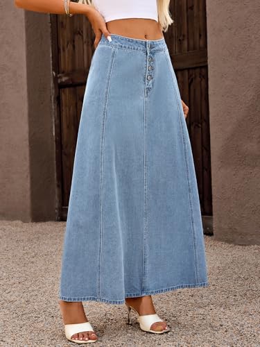 ebossy Women's Classic A-line Maxi Denim Skirts Casual High Waisted Button Fly Flared Long Jean Skirts2