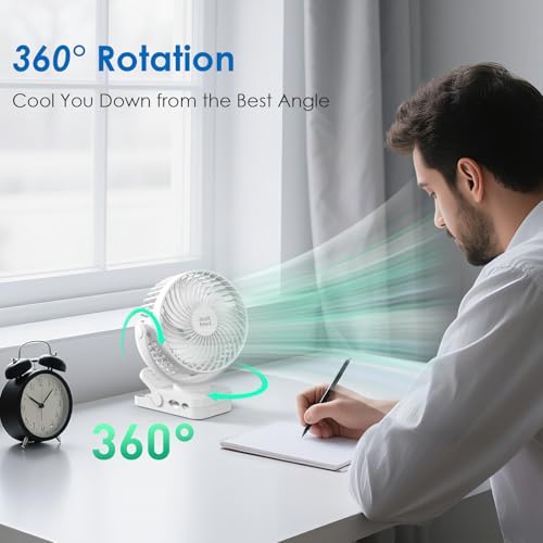 Image of Minthouz Clip on Fan, 12000mAh Battery, with Remote Control, Quiet, White | 45H Runtime, 3-Level Lighting, 360 Rotation, 3-Level Wind Speed, 2 /4 /6H Timer, Suitable for Bedrooms, Offices, Outdoors
