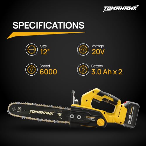Image of Tomahawk 20V Cordless Chainsaw 12 Inch | Wood Cutting Machine & Tree /Branch Pruning Saw for Home, Garden & Timber | 6000 RPM, 22-Tooth 3 /8 inch Chain, Auto Oiler | 2 x 3.0Ah Batteries & Charger