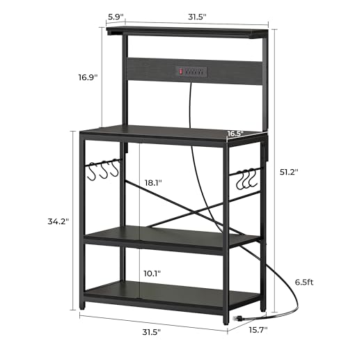 SUPERJARE Kitchen Bakers Rack with Power Outlet, Coffee Bar Table 4 Tiers, Kitchen Microwave Stand with 6 S-Shaped Hooks, Kitchen Storage Shelf Rack for Spices, Pots and Pans - Image 9