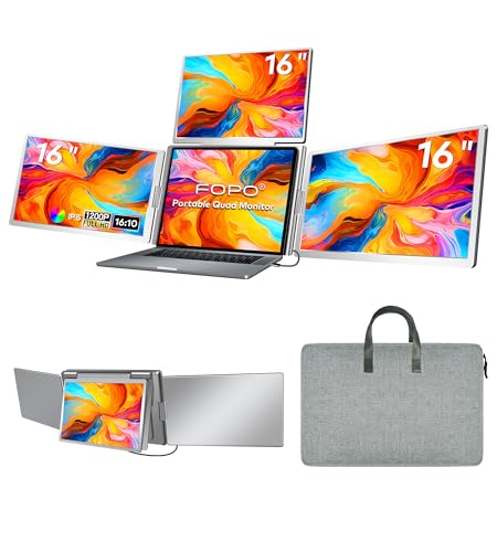 Image of FOPO 16 inch Laptop Screen Extender Monitor Portable, Quad Monitor, Just 1 Cable for 3 Screens, FHD 1200P IPS Laptop Extender Compatible with Wins /Mac for 13.6 inch - 18.5 inch Laptops