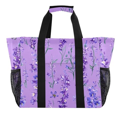 JUNZAN Vintage Delphinium Purple Large Utility Tote Bag Foldable Beach Bag Sandproof Reusable Grocery Bag with Handles Carrier Bags2