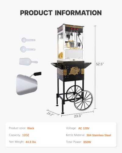 Image of 12 oz Commercial Popcorn Machine Cart with Candy Dispenser, Pop Corn Machine Maker Makes Up to 48 Cups, Movie Theater Popcorn Machine with 3-Switch Control&Stainless-Steel Kettle, Black