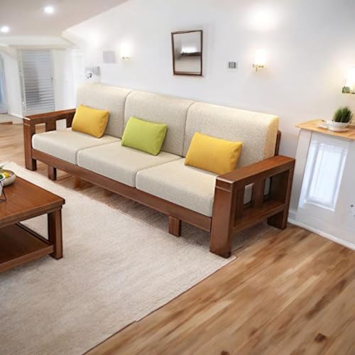Image of MISAN Wooden Living Room Sofa Set | 6 Seater Sofa Set | Solid Sheesham Wood Sofa Set for Living Room (3+2+1 Brown,Natural Teak Finish)