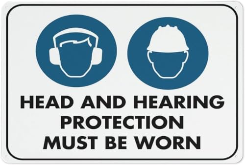 Warning Sign - Head and Hearing Must Be Worn, Durable Metal Warning Sign, for House, Business, Garage, Warehouse, 12X8 Inch