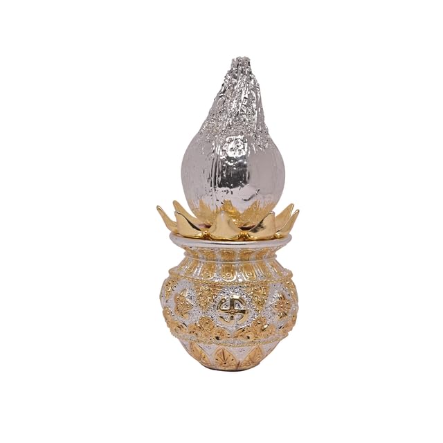 Image of Diviniti 999 Silver Plated Double Tone Kalash With Coconut for Grah Parvesh, Good Luck, Mandir, Temple, Wisdom, Pooja Thali Nariyal & Lota, Home Festival, Puja Room, Shagun Luxury Gift (19x4 CM, 760g)
