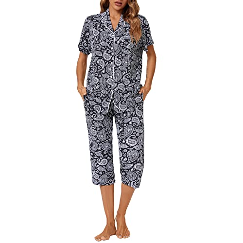 Image of Tugege Capri Pajamas Set Womens Button Down Short Sleeve Lounge Sets Sleepwear Notch Collar Top & Capri 2 Piece PJ Sets