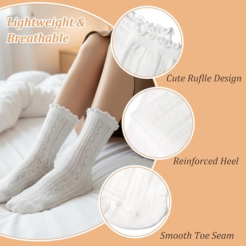 Ouligay 2 Paar Socken Damen Spitzen Söckchen mit Rüschen socke Weiß Baumwolle Socke mit Rüschen 39-42 Atmungsaktive Sportsocken Damensocken Meshsocken für Damen Mädchen Prinzessin Kleidsocken