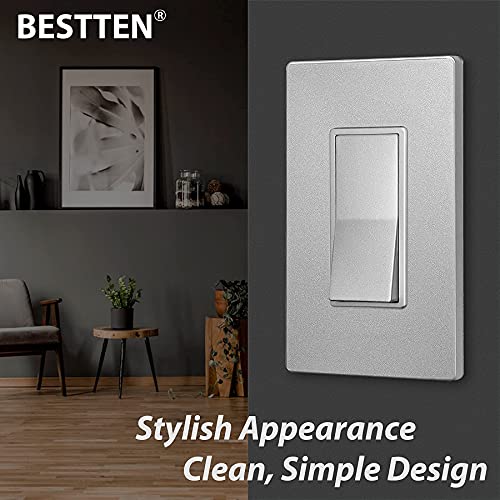 [10 Pack] Bestten Silver 3-Way Decorator Wall Light Switch With Screwless Wallplate, 15A 120/277V, On/Off Rocker Interrupter, Ul Listed #TOP3