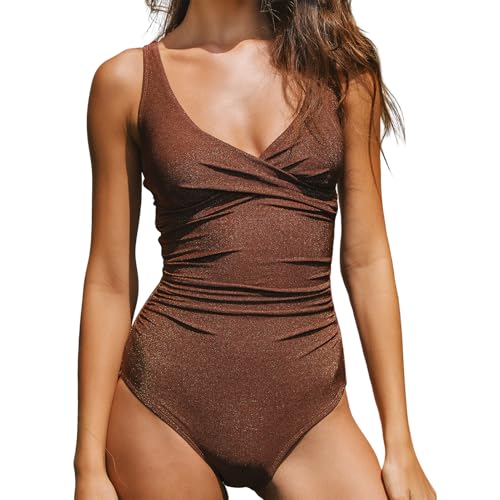 Tummy Control One Piece Swimsuits for Women Slimming Bathing Suits V Neck Twist Push Up Swimwear