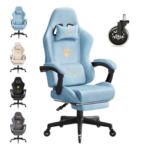 WOLTU Silla Gaming con Soporte Lumbar, Silla Oficina Ergonómica con Cabeza y Reposapiés, Sillón Trabajo Giratorio con Gran Asiento y Ruedas, Tela de Ante, Azul