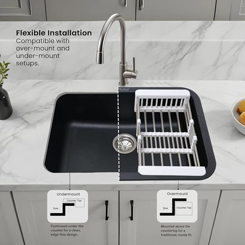 Image of Ruhe Matte Black Quartz Single Bowl Kitchen Sink with Round Corners - 24x18x9 inches | Noise-Reducing & Durable Kitchen Sink | Granite Sink with Coupling, Waste Pipe & Vegetable Washing Basket