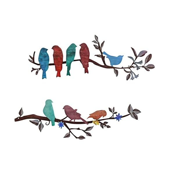 Evjocoh 2 Packs Metal Birds Wall Art Decor, Colorful Metal Birds on The Tree Branch Leaves Wall Decor, Rustic Hanging Bird and Leaf Wall Sculpture Home Decor for Balcony Garden Indoor Outdoor