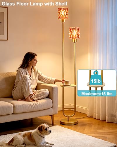 Image of Deep-Red Glass Floor Lamp with Table Shelf, Modern Gold Standing Lamp, Tall Farmhouse Floor Lamp with Foot Switch & 3000K Warm White Bulb Included for Living Room Bedroom Home Office