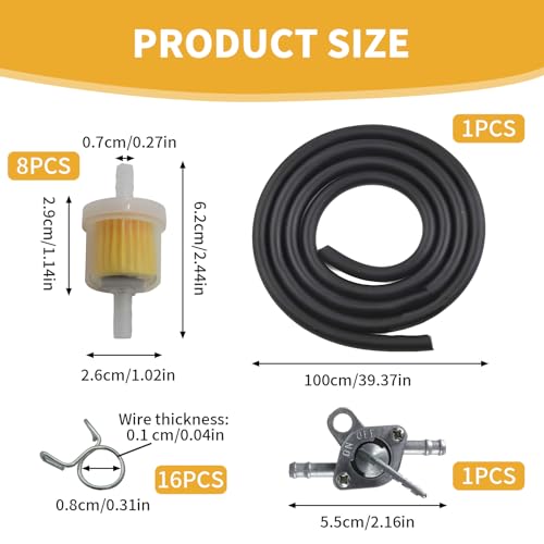 26 Stück Benzinfilter Kit,Kraftstofffilter,Universal 8mm Sprit Filter,Benzinfilter RasenmäHer,mit 8 Stück Filtern,16 Stück Schlauchschellen,1 Ventil,1 Meter Schlauch,für Motorrad, Roller Mofa