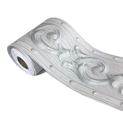 tooloflife 2 rollos de papel pintado con diseño floral plateado elegante, autoadhesivo, para el hogar, techo, borde decorativo extraíble, PVC, en relieve, transferencia de azulejos