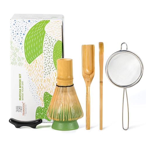 TEANAGOO Juego de batidores de matcha, batidor matcha (100 puntas) con soporte verde, juego de iniciación tradicional de 6 piezas, cuchara (chashaku), cuchara de té, casen de bambú para hacer café con