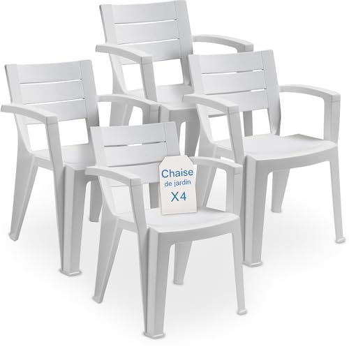 Tomaino - Lot de 4 chaises de jardin en plastique maya - chaises en plastique empilables avec accoudoirs et dossier à lattes - Chaise de jardin pour...