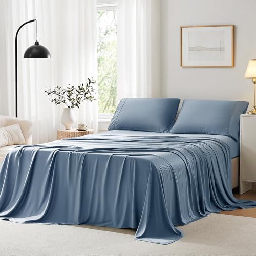 Image of ACCURATEX Cooling Sheets for Hot Sleepers, Twin Size,Dusty Blue | Viscose Made from Bamboo, 3 Pcs Silky Soft Sheet Set, Breathable Cool for Night Sweats, up to 16 inches Deep Pockect