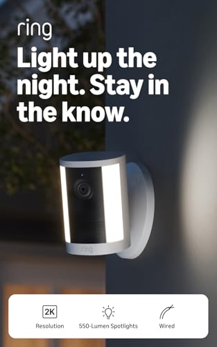 Image of Ring Spotlight Cam, Wired (newest model), Home or business security, Wide-Angle Retinal 2K Video, 6x Enhanced Zoom, Motion-Activated Spotlights, White